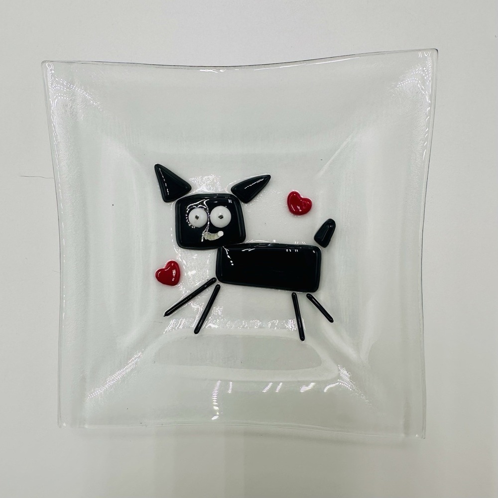 Fused Glass Raised Plate Grinning Black Cat with Hearts 5" Square